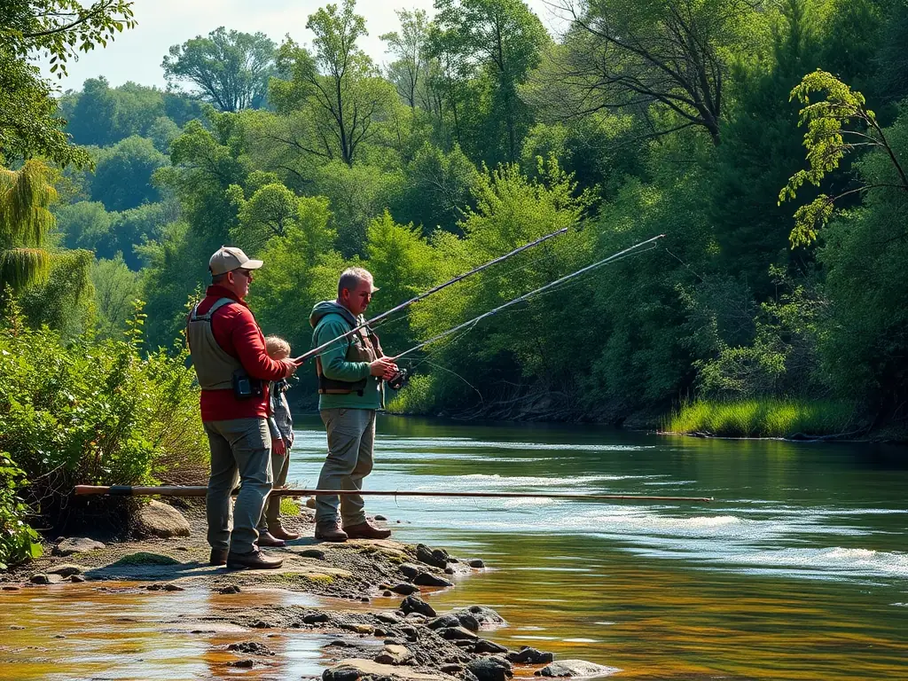 A group of anglers with fishing rods on a serene riverbank during a guided tour, with lush greenery and calm waters in the background.