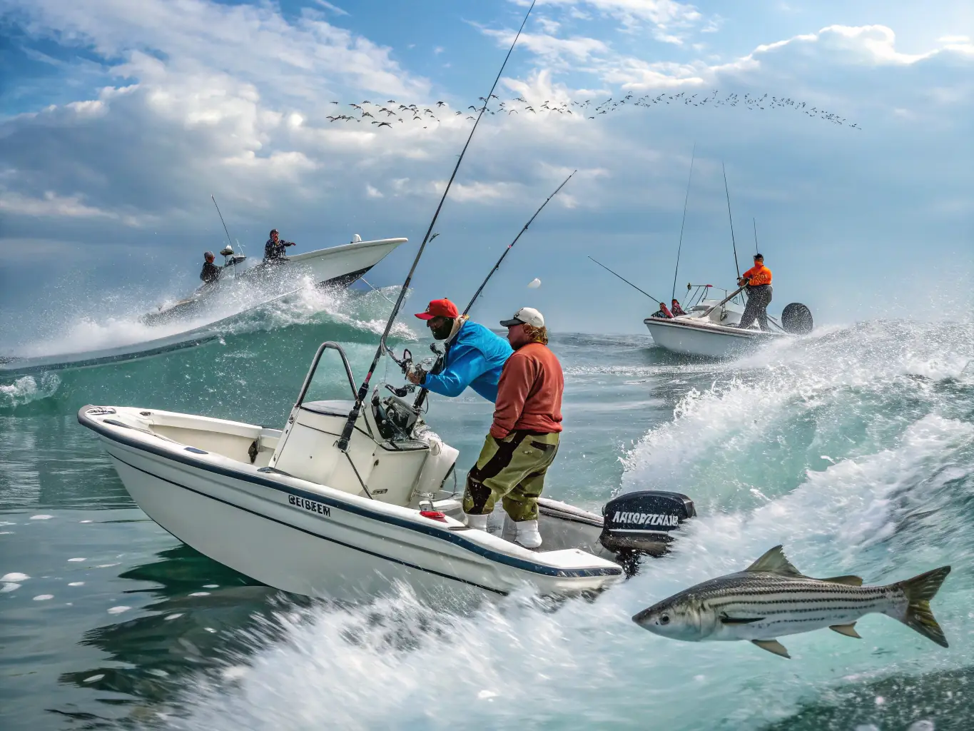 A scenic view of a group of anglers participating in a guided fishing tour on a serene lake, surrounded by lush greenery, under a clear sky. The image captures the essence of a peaceful and educational fishing experience.