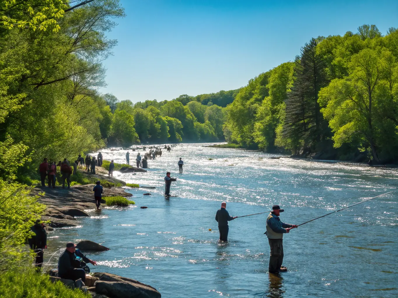 A group of people participating in a fishing competition, with a focus on the excitement and competitive spirit.
