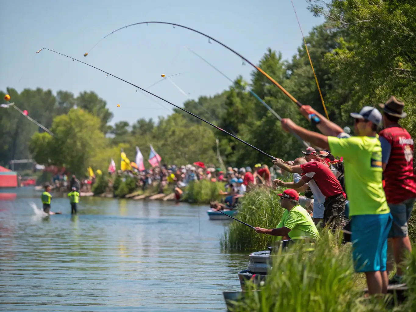 A vibrant image of a community fishing event, with families and individuals of all ages participating in a friendly fishing competition by a lake. The photo showcases the social and recreational aspect of the club.