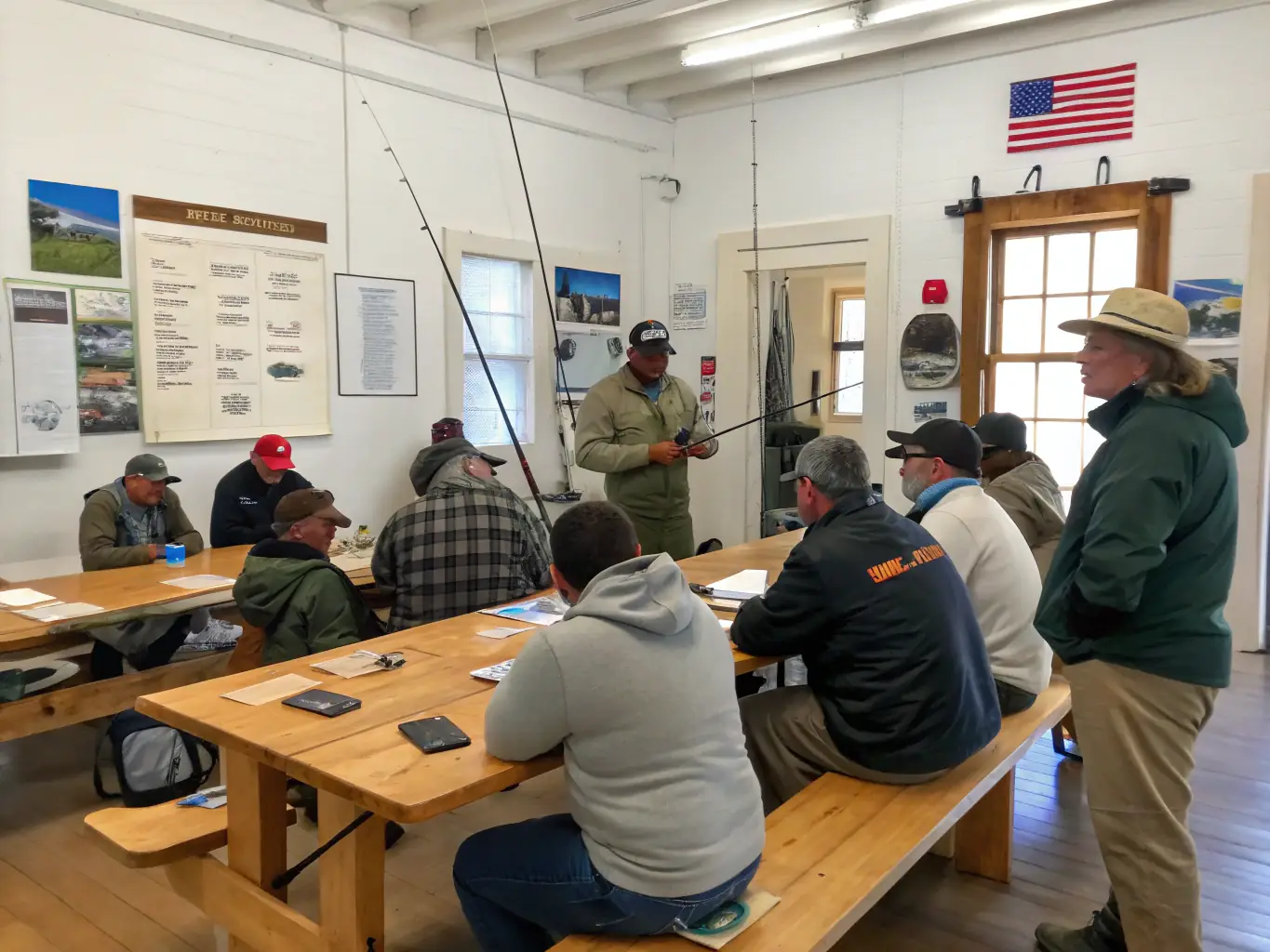 A photo of a fishing workshop where participants are learning about different fishing techniques from an instructor.